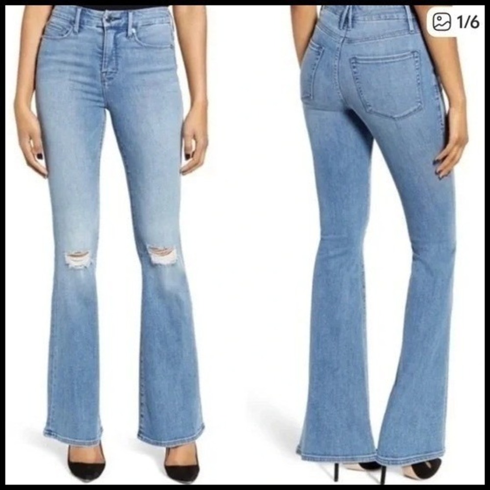 Good American Good Flare GF899T Distressed Blue501 Y2K Boho High Rise Women 4 27
